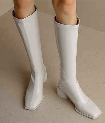 White Knee High PU Boots with Square Toe